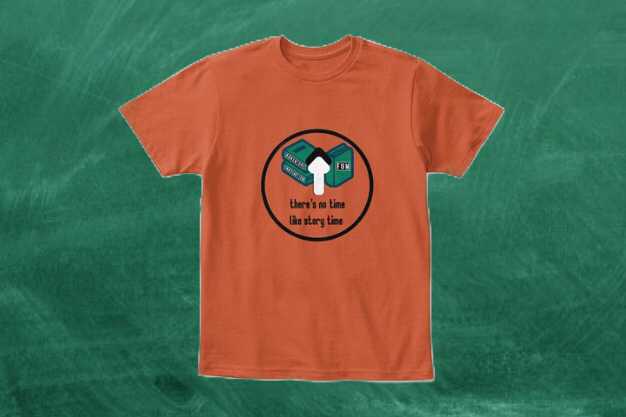 orange tshirt with wall clock displaying a stack of green books with the words: Adventure, fun, and imagination at the 12 position. 
the phrase, 