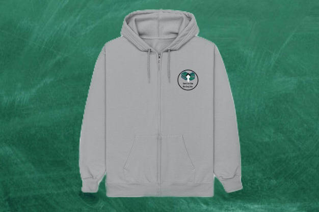 gray zip up hoodie with wall clock displaying a stack of green books with the words: Adventure, fun, and imagination at the 12 position. 
the phrase, 