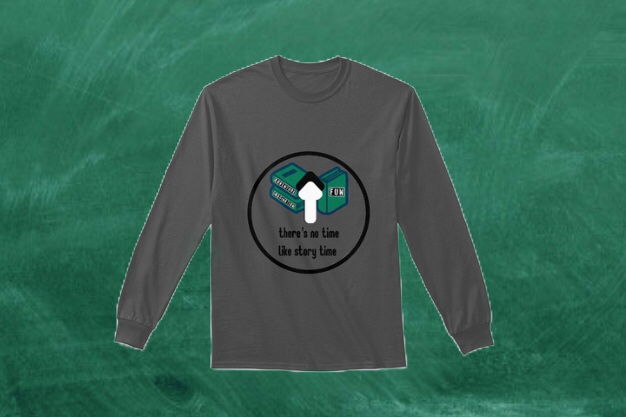 gray long sleeve shirt with wall clock displaying a stack of green books with the words: Adventure, fun, and imagination at the 12 position. 
the phrase, 